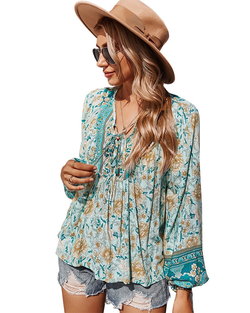 GAOVOT Women's Leisur Tie Neck Top Loose Floral Print Blouses Shirts Long Sleeve Beach Autumn Blusas Mujer