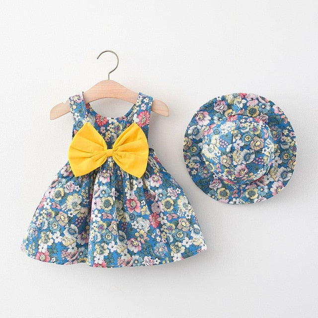 Summer Toddler Girl Clothes Set Baby Beach Dresses Cute Bow Plaid Sleeveless Cotton Newborn Princess Dress+Sunhat