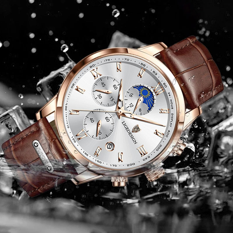 LIGE Business Mens Watches Brand Luxury Leather Waterproof Sport Quartz Chronograph Military Watch Men Clock Relogio Masculino