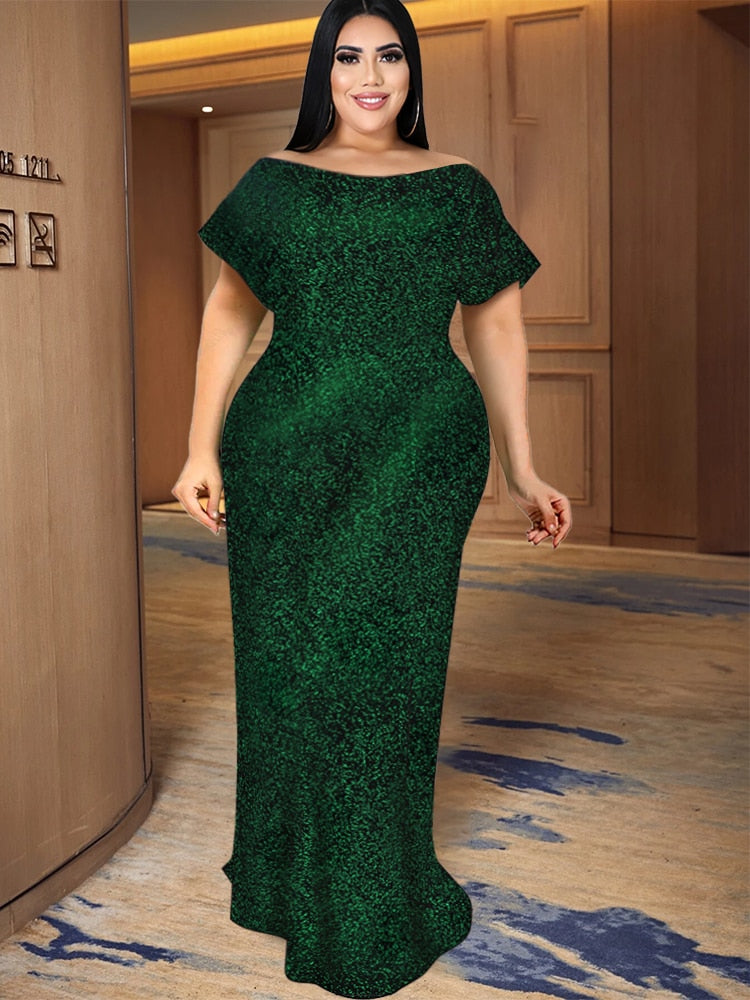 Green Sequins Maxi Dresses Short Sleeve Slash Neck High Waist Slim Fit Mermaid Evening Birthday Party Outfits for Women 2022 New