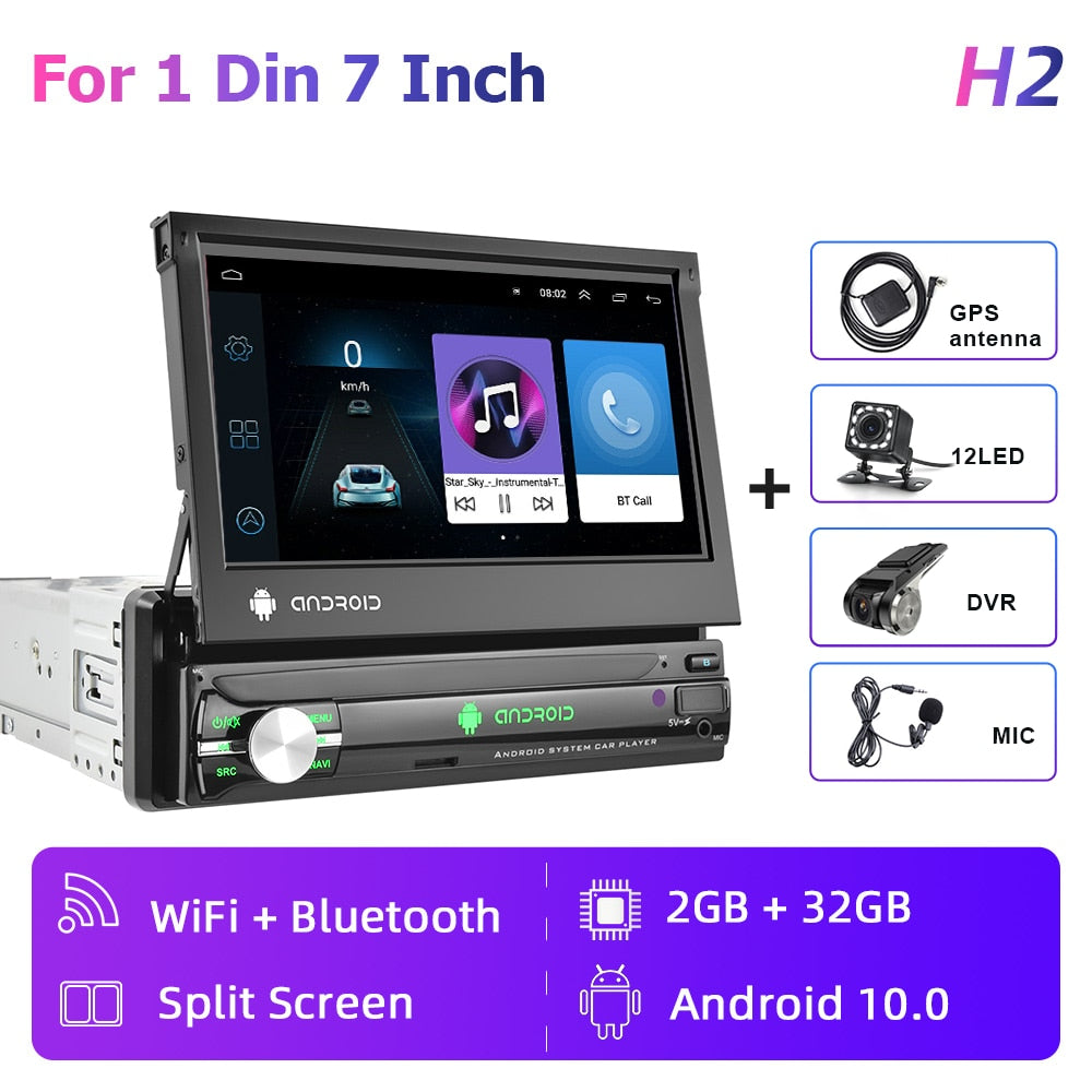Hikity 1 Din Car Radio Android 7" Retractable Screen  Multimedia Video Player Carplay Universal Car Audio No DVD