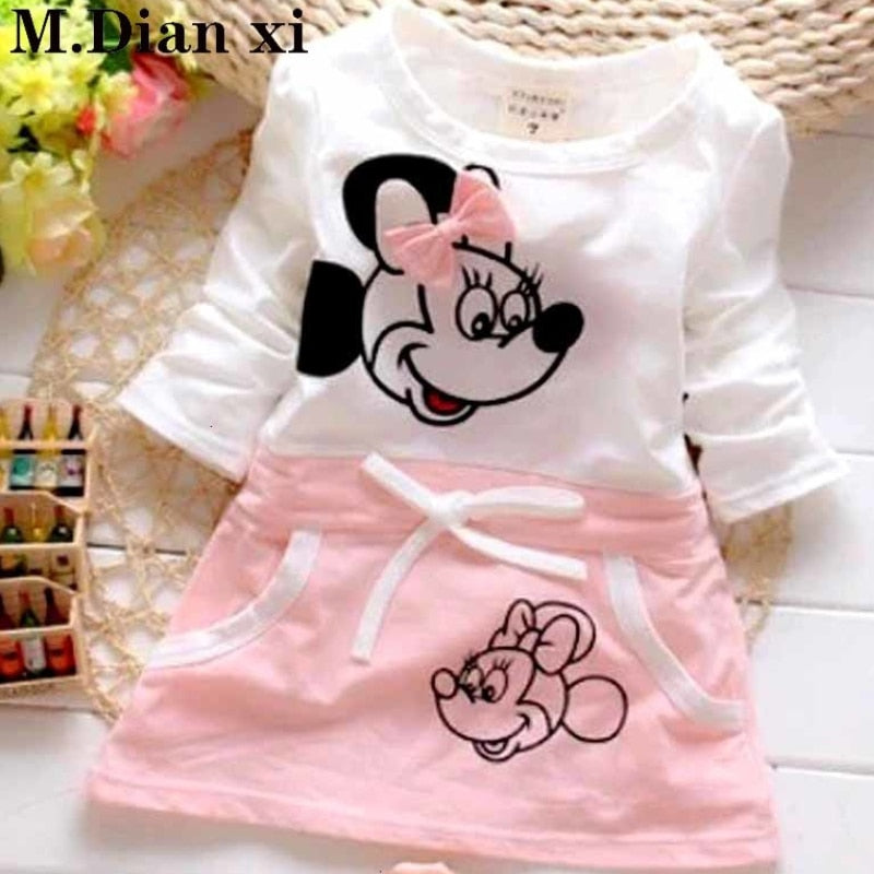 Baby Dresses Girl 2022 New Hot Fashion Cute Minnie Stitching Dress Pure Cotton Long Sleeve Female Baby Cartoon Print Mini Knee