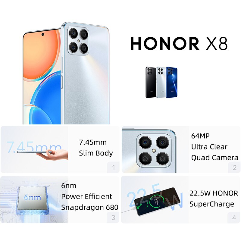 Global Version HONOR X8 Smartphone Android 11 Snapdragon 680 Mobile Phone 90Hz Cellphone 22.5W SuperCharge