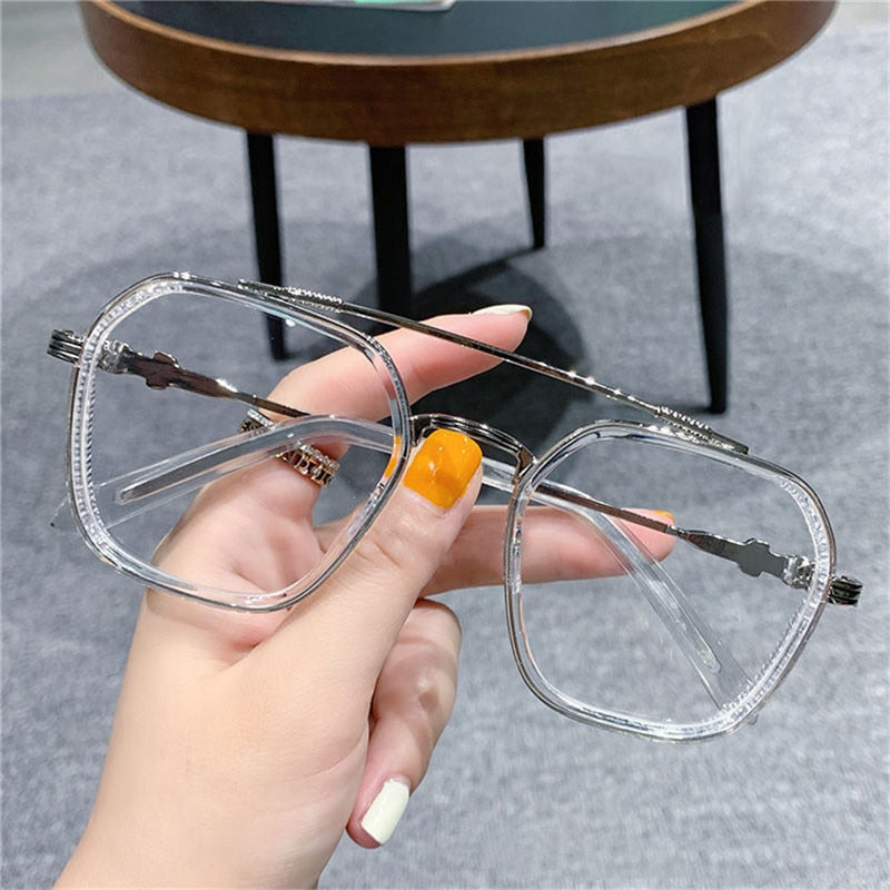 Retro Fashion Double Beam Square Myopia Glasses for Men Women Anti Blue Light Black Transparent Finish Prescription Eyewear -1.0