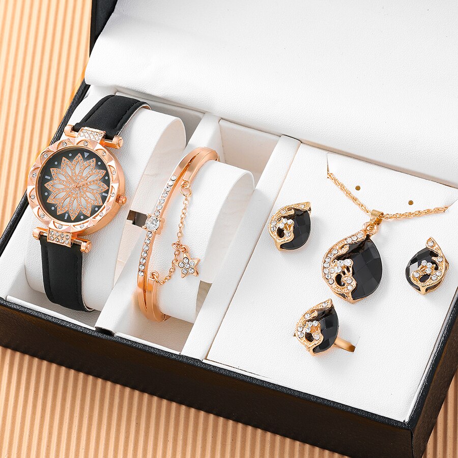 6pc Women Quartz Watch Jewelry Set Business Fashion Casual Round Pointer Flower Watch Necklace Bracelet Earrings Ring Set Gift