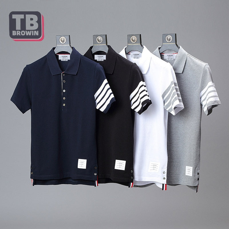 TB BROWIN tide brand half-sleeve four-bar men's striped cotton summer POLO lapel short-sleeved T-shirt casual trend couple wear