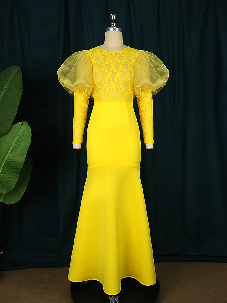 Yellow Dresses Plus Size O Neck Long Sleeve Lace Transparent High Waist Evening Part Prom Dresses for Ladies 4XL Mermaid Outfits