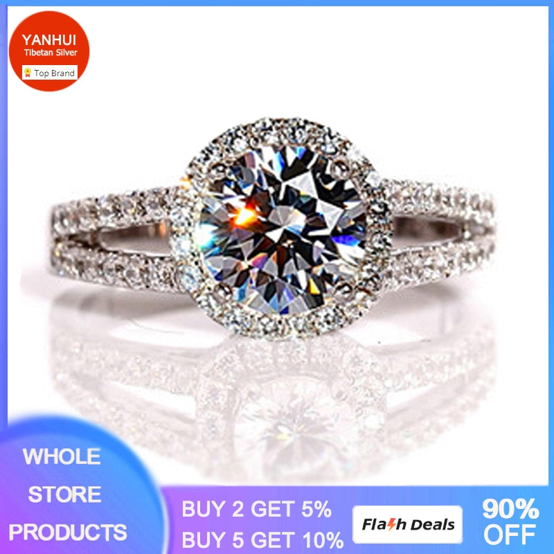 Original Certified Tibetan Silver Rings For Women Natural 2.0ct Cubic Zirconia Wedding Engagement Band Gift Jewelry Accessories