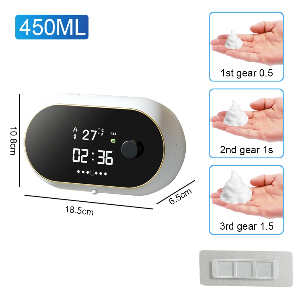 450ml Automatic Liquid Soap Dispenser Self Cleaning Wall Mount  Touchless Sensor Foam Machine Digital Screen With USB Charging