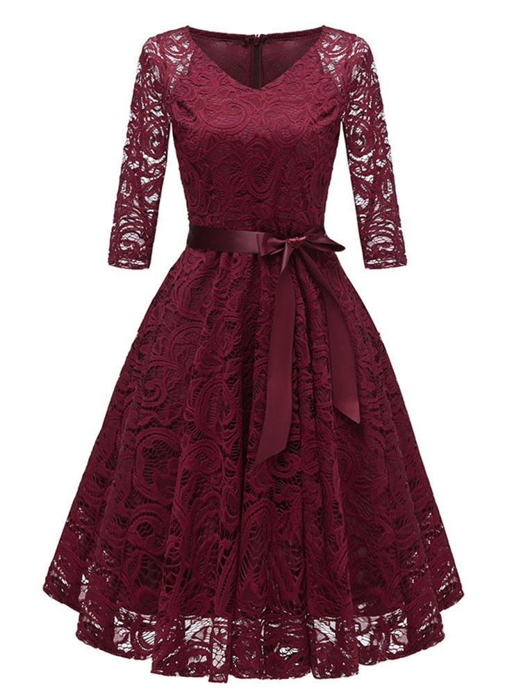2022 New Elegant Lace Evening Party Dress Women V-neck 3/4 Sleeve Sashes Dress Ladies Vintage Big Swing Midi Dress