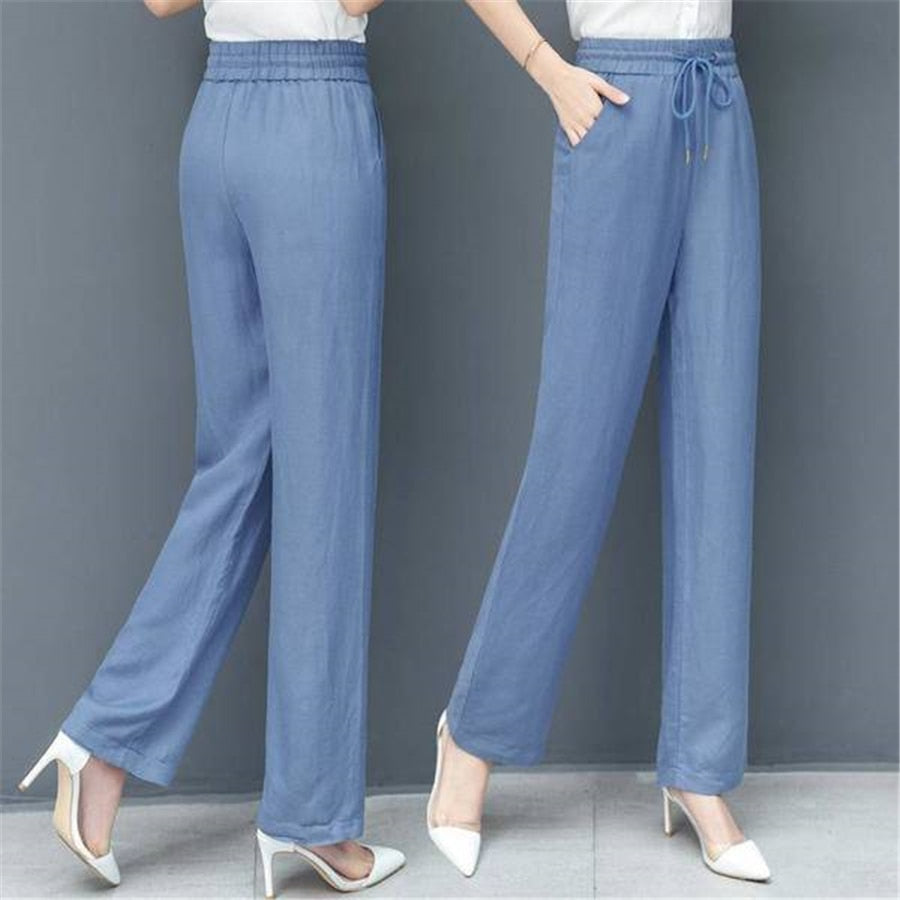 Classic Thin Silk Blue Straight Leg Jeans Women Baggy Pants Elastic High Waist Denim Pantalones Casual Vaquero Korean Capris New