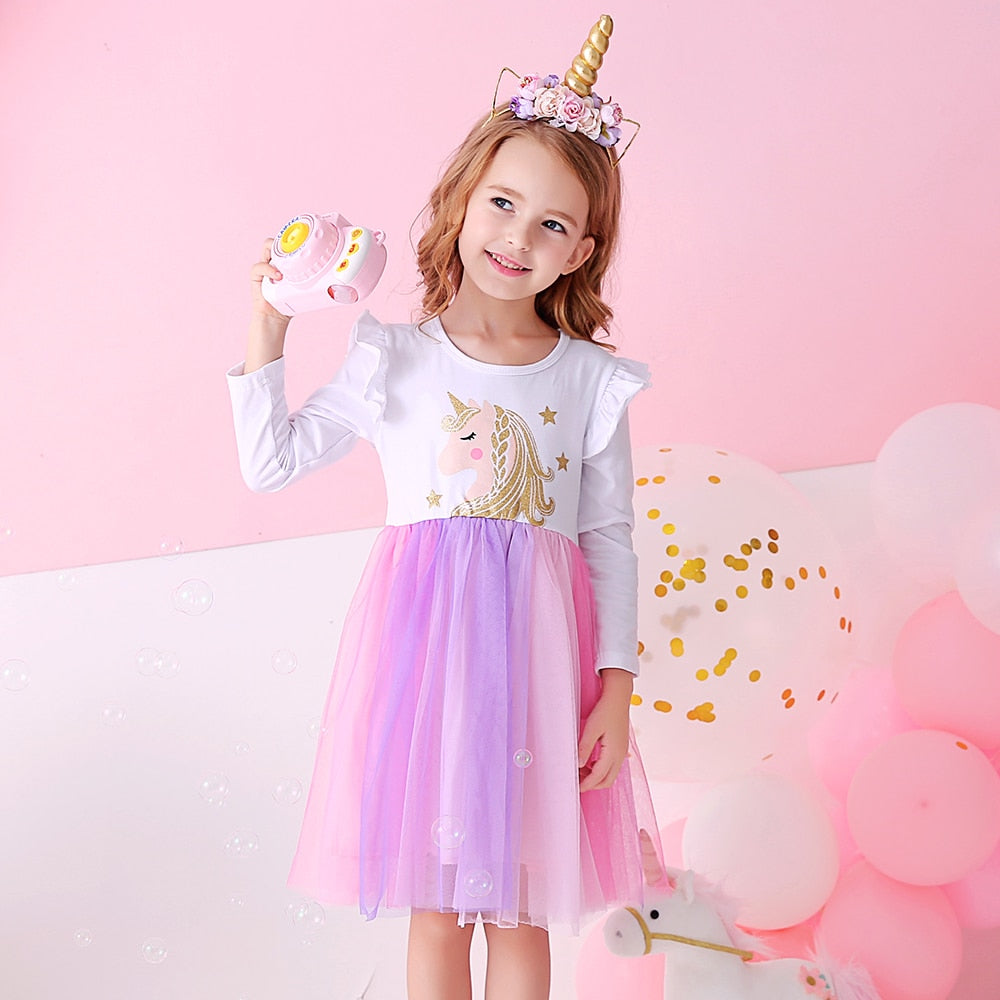 VIKITA Children Unicorn Dresses Girls Birthday Party Performance Prom Gown Elegant Dress Toddlers Long Sleeve Princess Dresses