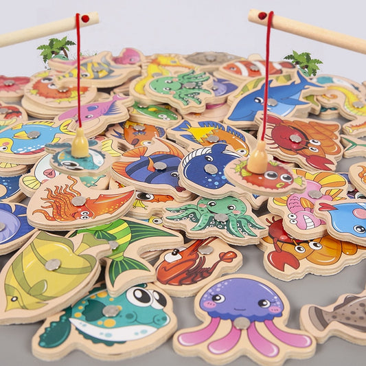 Montessori Wooden Magnetic Fishing Toys for Baby Cartoon Marine Life Cognition Fish Games Education Parent-Child Interactive
