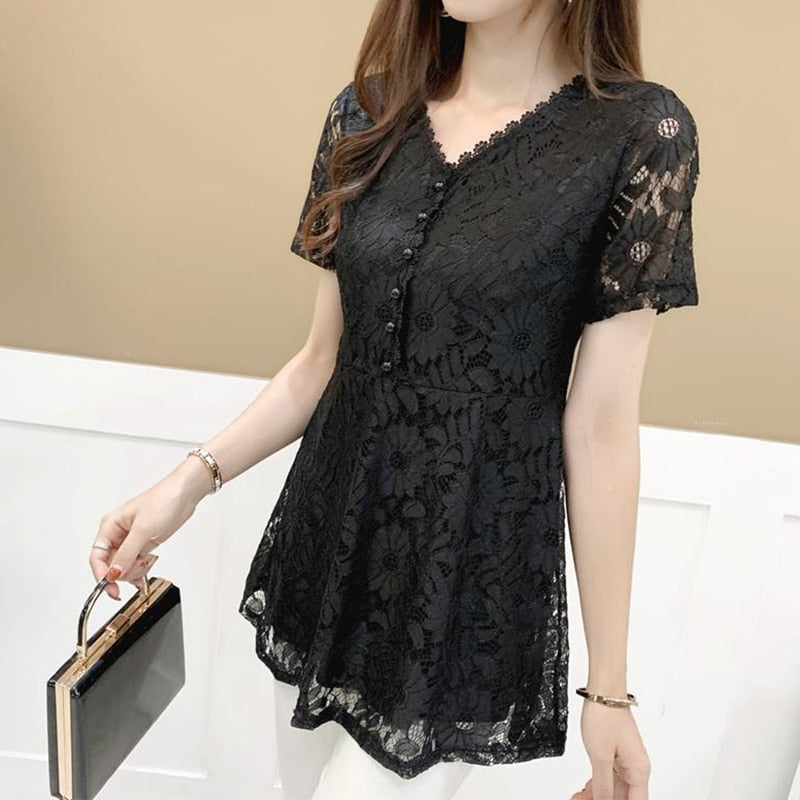 Elegant Fashion Solid Hollow Out Button Lace Shirt Summer 2022 New V-Neck Short Sleeve Slim Pullovers Long Tops Women's Clothing