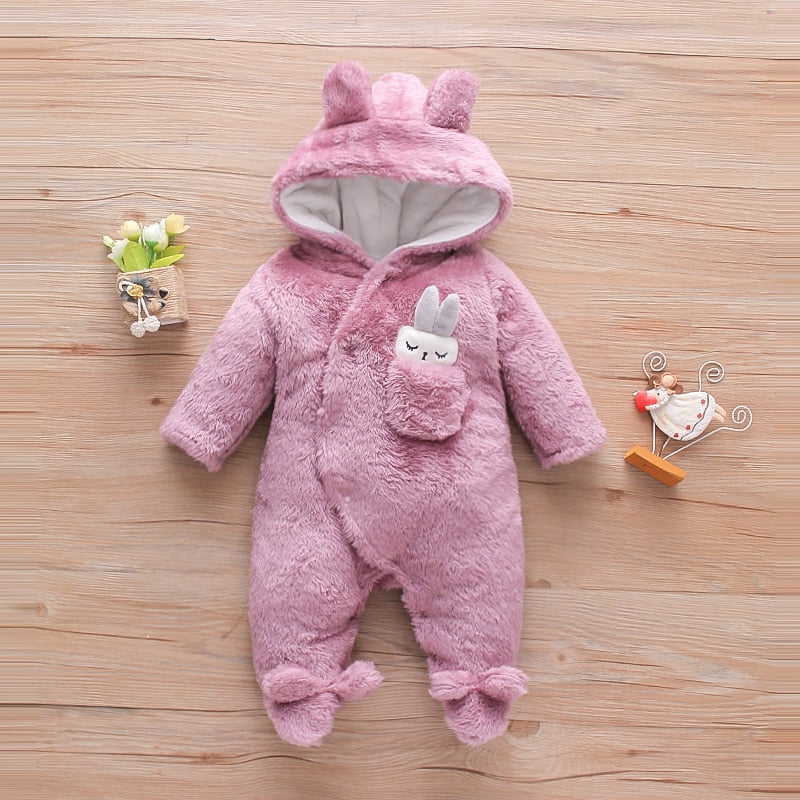 PatPat Baby Girls Clothes Solid Fleece Rabbit Hooded Footed / Long-sleeve Baby Jumpsuit Unisex Baby Winter Clothes for Newborn