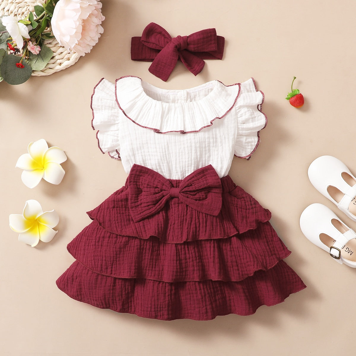 hibobi Baby Girls Dress Toddler Girl Clothes Set 2Pcs Baby Bowknot Ruffles Dresses Cute Sleeveless Cotton Newborn Princess Dress