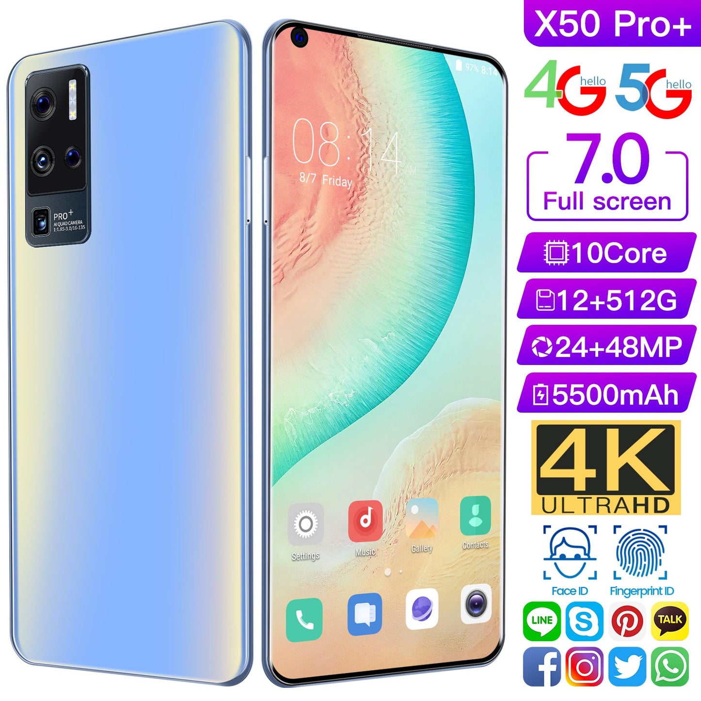 New Global Version for Vivo X50 Pro+ 7.0 Inch Screen 5G Smartphone with 12GB+512GB Large Memory Cellphone Samsung Mobile Phone