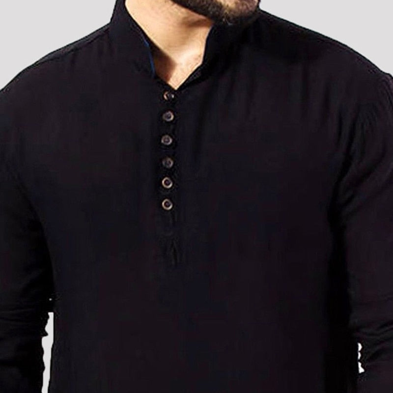 Men Muslim Kurta T-Shirt Long Sleeve Buttons Stand Collar Kaftan Blouse Robe Top
