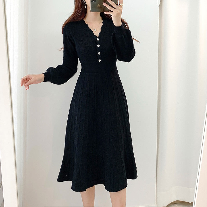 Vintage One Piece Korean Pleated Dress Long Sleeve Slim Woman Sweater Dresses Knitted Elegant Midi Party Woman Dress Autumn 2022