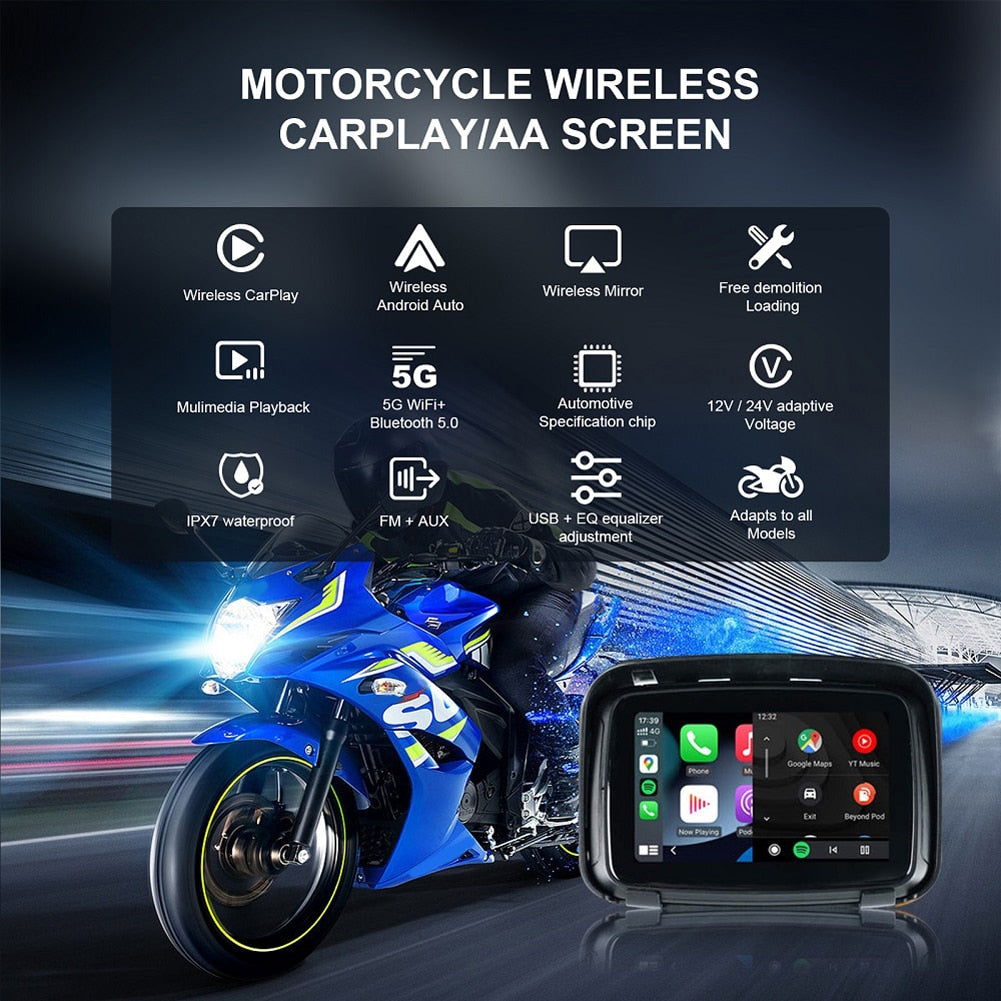 5 Inch Portable GPS Navigation Motorcycle Carplay Display Touch Screen IPX7 Waterproof Motorcycle CarPlay Wireless Android Auto