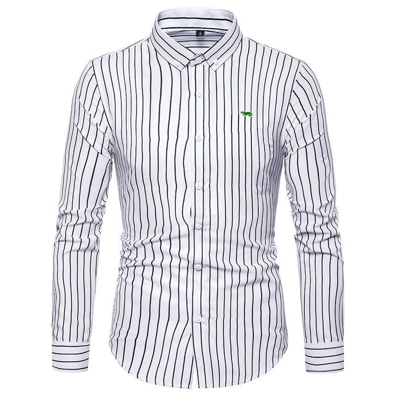 M-5XL Men's Shirt Business Brand Design Embroidery- Logo Casual Striped Blouse Hommes Clothing Male Fashion Slim Dress Shirts