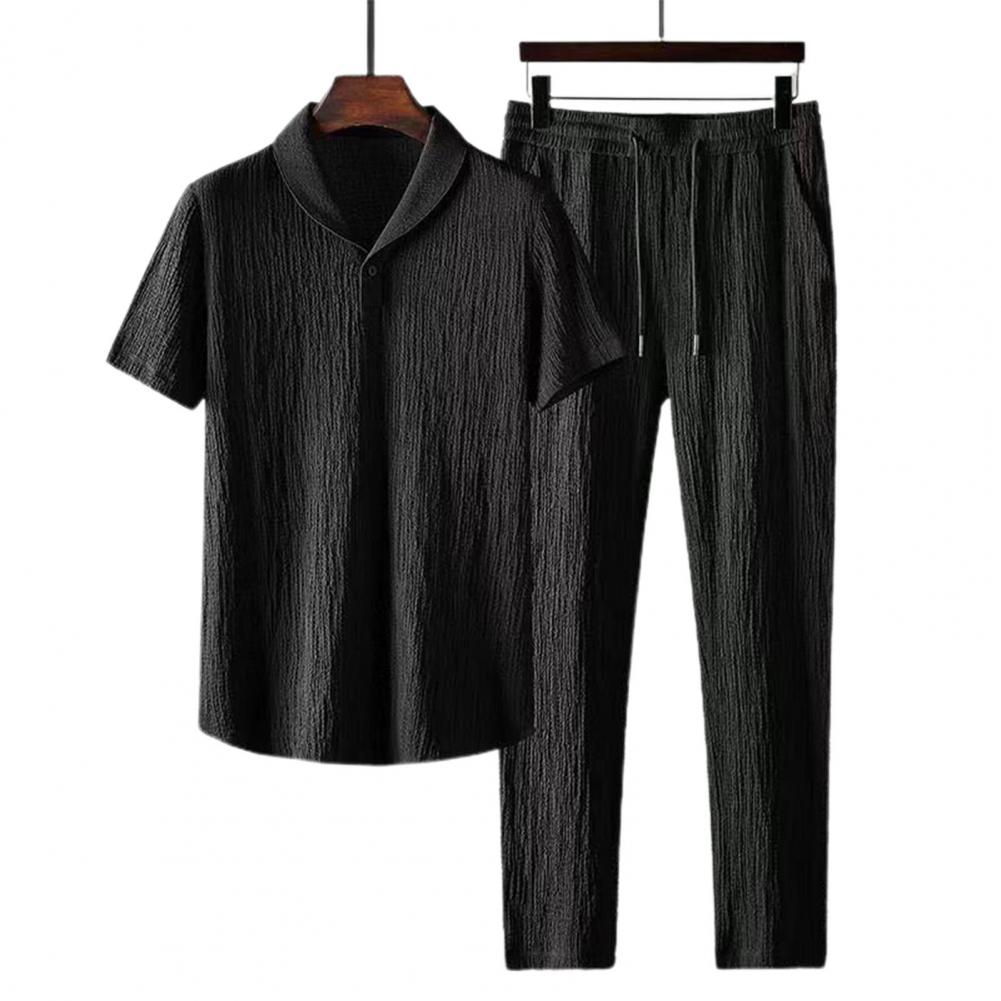 2Pcs/Set Turn-down Collar Elastic Waistband Pleated Casual Outfit Short Sleeve Shirt Drawstring Long Pants Set Male Clothing