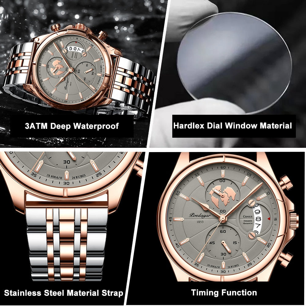 POEDAGAR Top Luxury Brand Casual Men Watch Chronograph Waterproof Date Full Steel Quartz Men's Watch Business Relogio Masculino