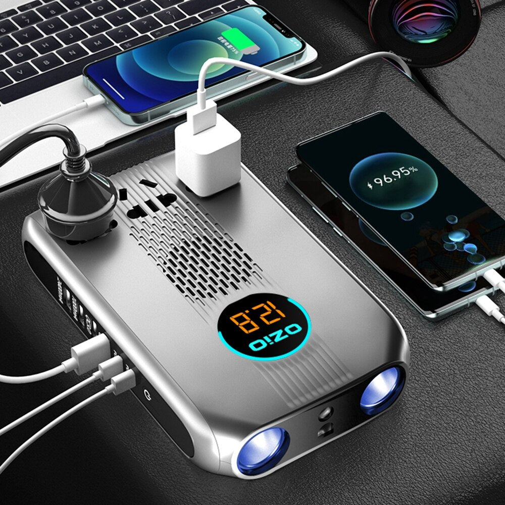 6 USB Car Charger QC3.0 PD Fast Charging 200W 12V 24V To 220V LED Screen Car Inverter With 3 Socket 2 Cigarette Lighter Inversor