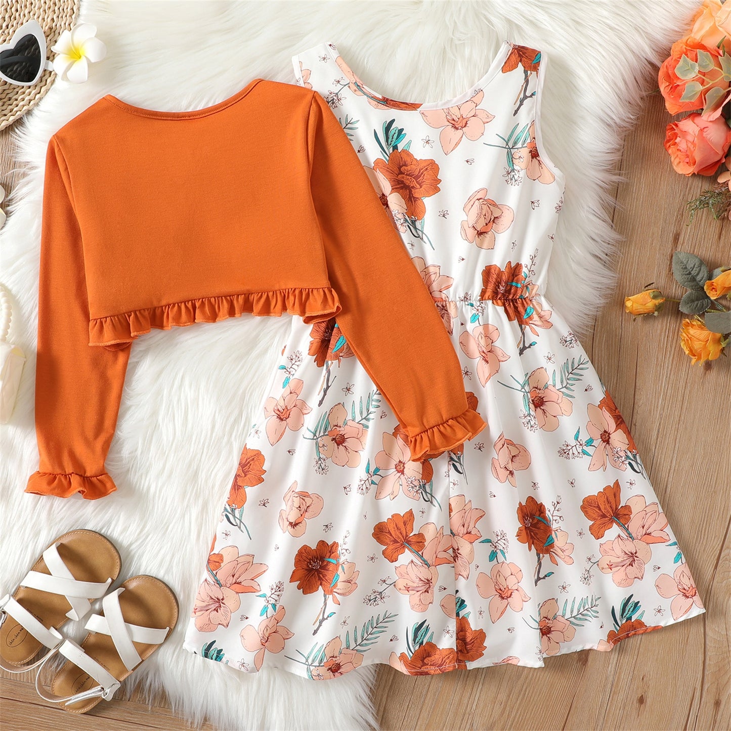 PatPat 2pcs Girl Kid's Dress Girls' Dress Sets Floral Print Sleeveless Dress and Ruffled Long-sleeve Orange Cardigan Set Dresses