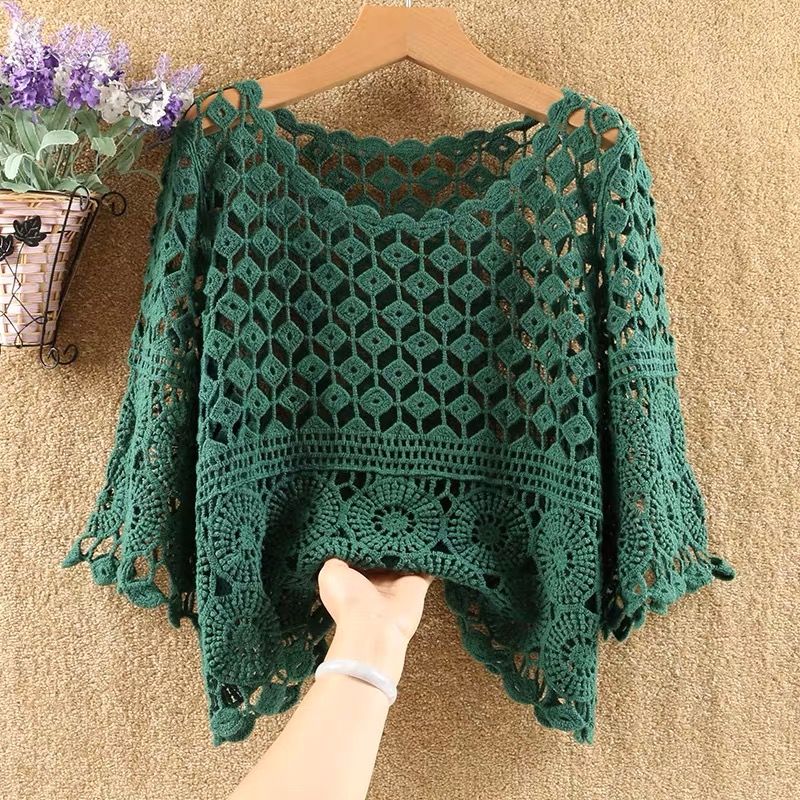 Spring and Summer Knitted Crochet Solid Color Hollow Jacket New Fashion Loose Round Neck Five-point Sleeve Handmade Top Female