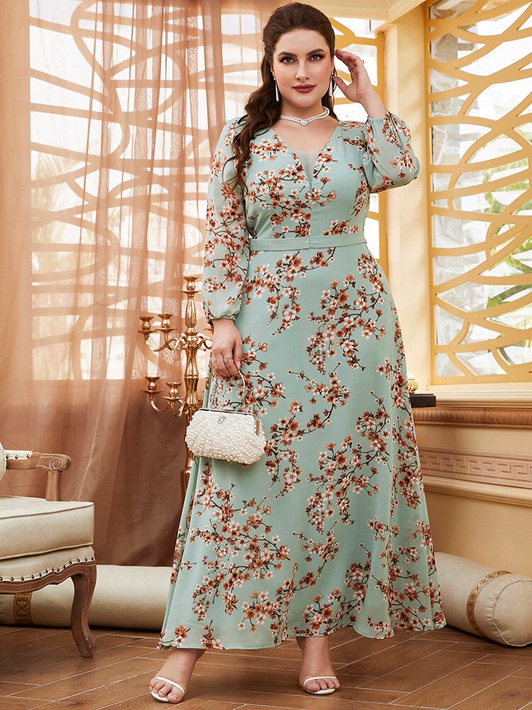 TOLEEN Women Large Plus Size Maxi Dresses 2022 Spring Pink Green Chic Elegant Long Sleeve Floral Evening Party Festival Clothing