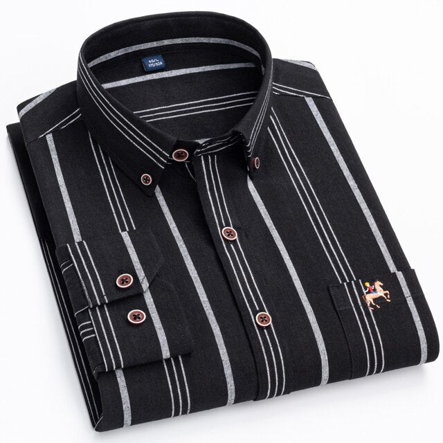 Fashion Men's Long Sleeve Casual 100% Cotton Striped Oxford Shirt with Embroidered Chest Pocket Standard-fit Button-down Shirts
