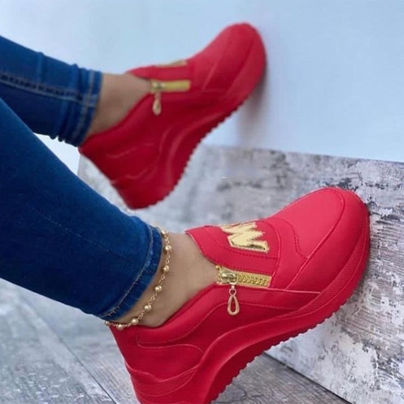 New Women Sneakers Slip on Zipper Thick Bottom Solid Color Vulcanized Shoes Casual Wedge Walking Flats Zapatillas De Mujer