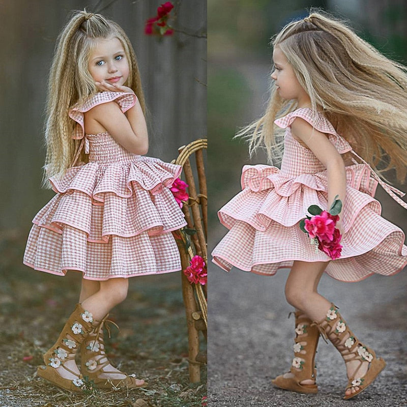 Layered Girls Dress 2021 New Plaid Pink Kids Party Clothes for 3 4 5 6 7 Year Girl Summer Backless Children Princess Dresses