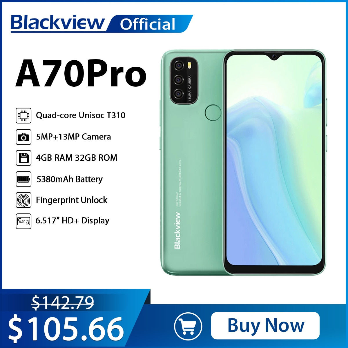 BLACKVIEW A70 Pro Android 11 Smartphone 6.517 Inch Display Quad Core 4GB RAM+32GB ROM 5380mAh 13MP + 5MP Camera 4G Mobile Phone