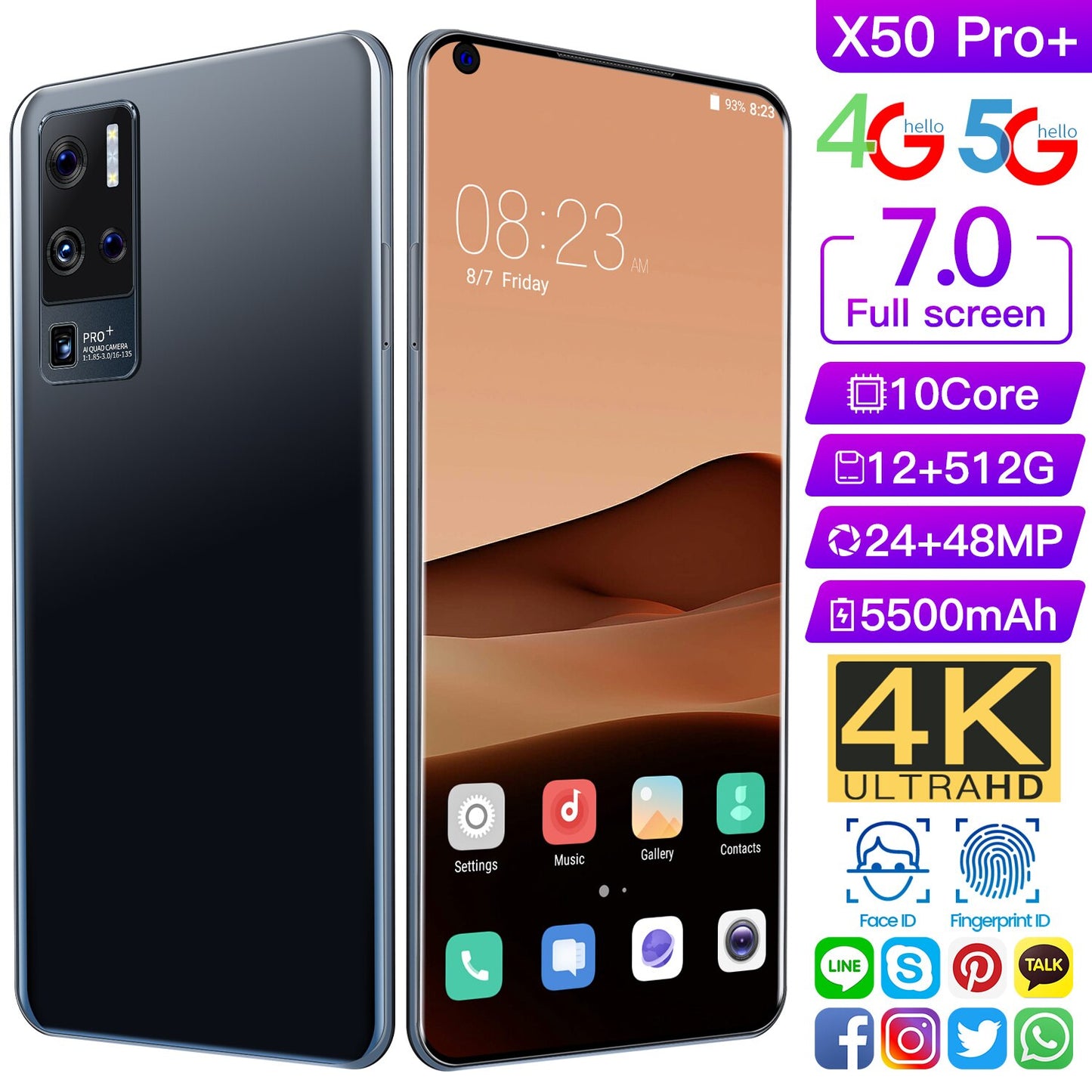 New Global Version for Vivo X50 Pro+ 7.0 Inch Screen 5G Smartphone with 12GB+512GB Large Memory Cellphone Samsung Mobile Phone