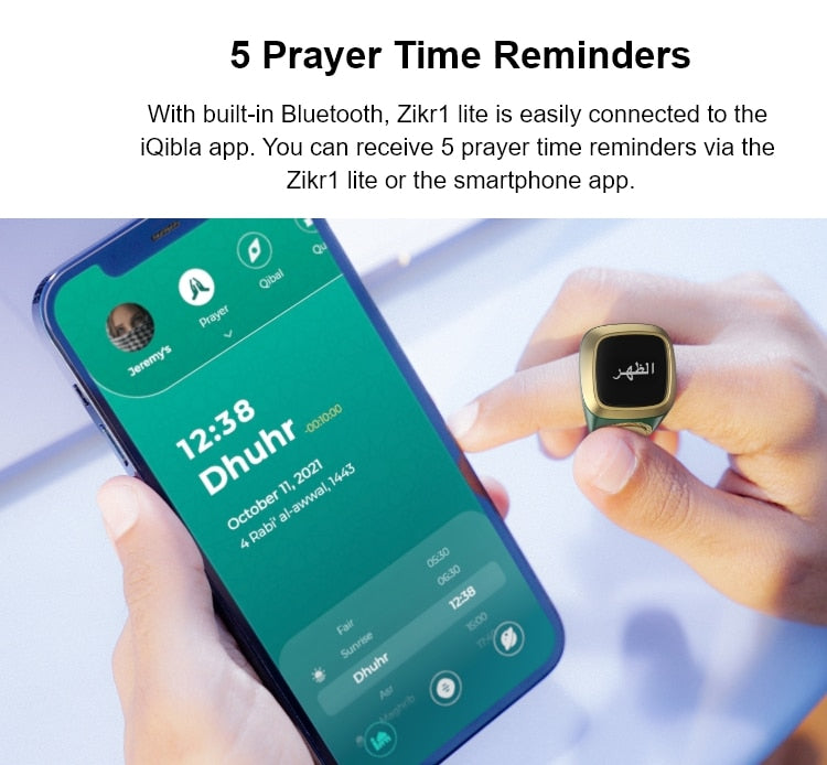 iQibla Zikr1 lite Smart Tasbih Tally Counter Ring for Muslims Zikr Digital Tasbeeh 5 Prayer Time Reminder Bluetooth