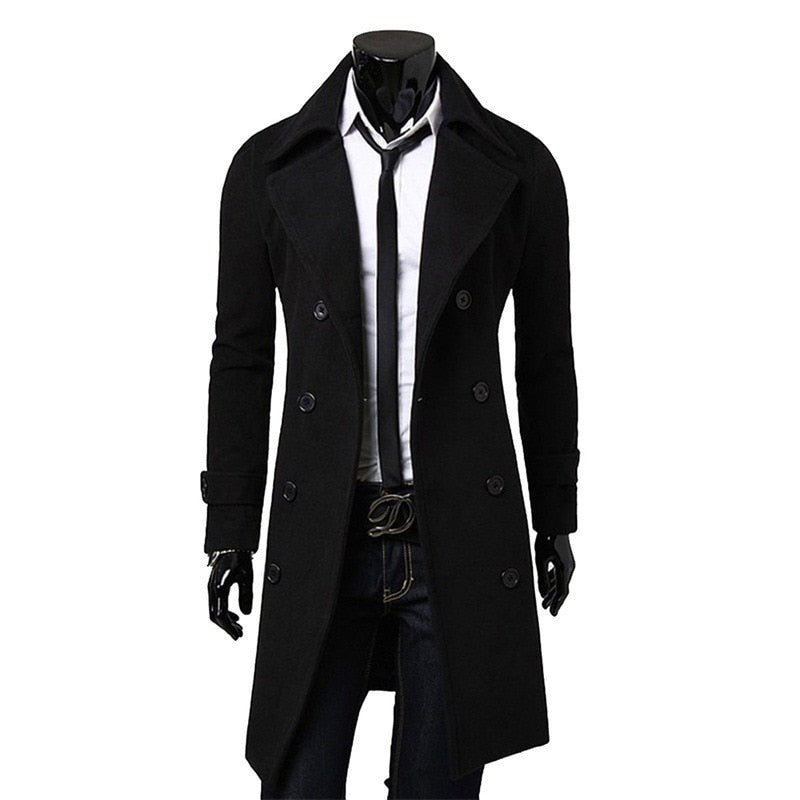 Men Black Trench Coats Long Jackets Double Breasted Overcoats Male Business Casual Wool Blends Men Leisure Overcoats Fit Blends