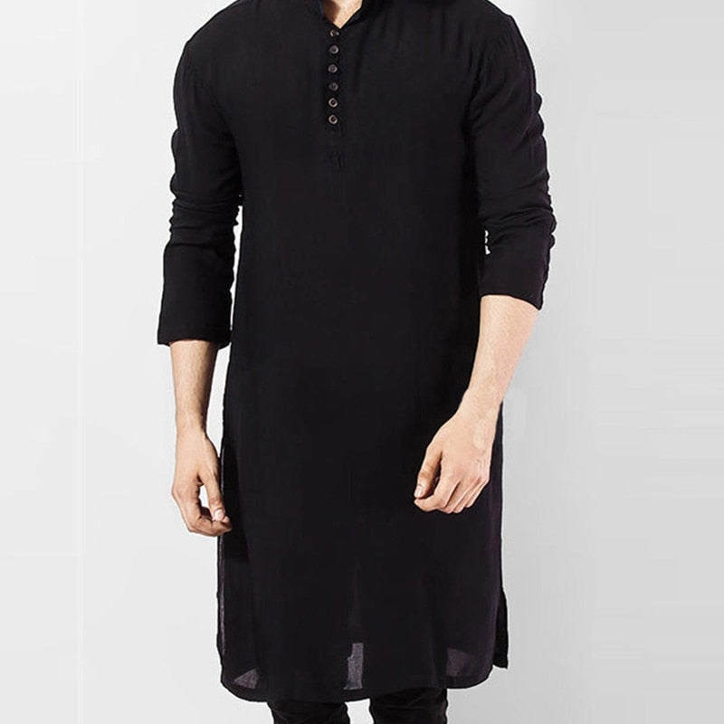 Men Muslim Kurta T-Shirt Long Sleeve Buttons Stand Collar Kaftan Blouse Robe Top