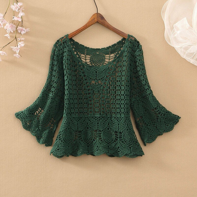 Lady Spring Summer 2021 Fashion New Loose Five-point Sleeve Short Round Neck Solid Color Plaid Casual Female Hollow Out Lace Top