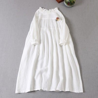 2022 Spring Linen Dress All Japanese  Female Embroidery Lace Collar  Dress  Robes Midi Dress