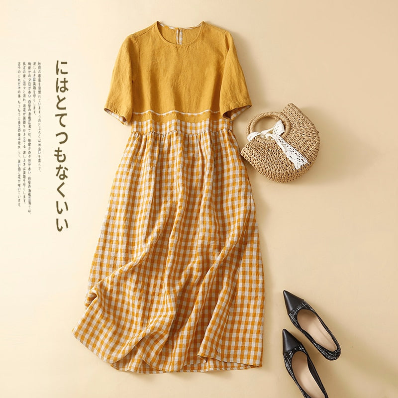 2022 New Arrival Japanese Style Patchwork Plaid Cotton Loose Cozy Mori Girl's Chic Summer Dress Fashion Women Casual Midi Dress