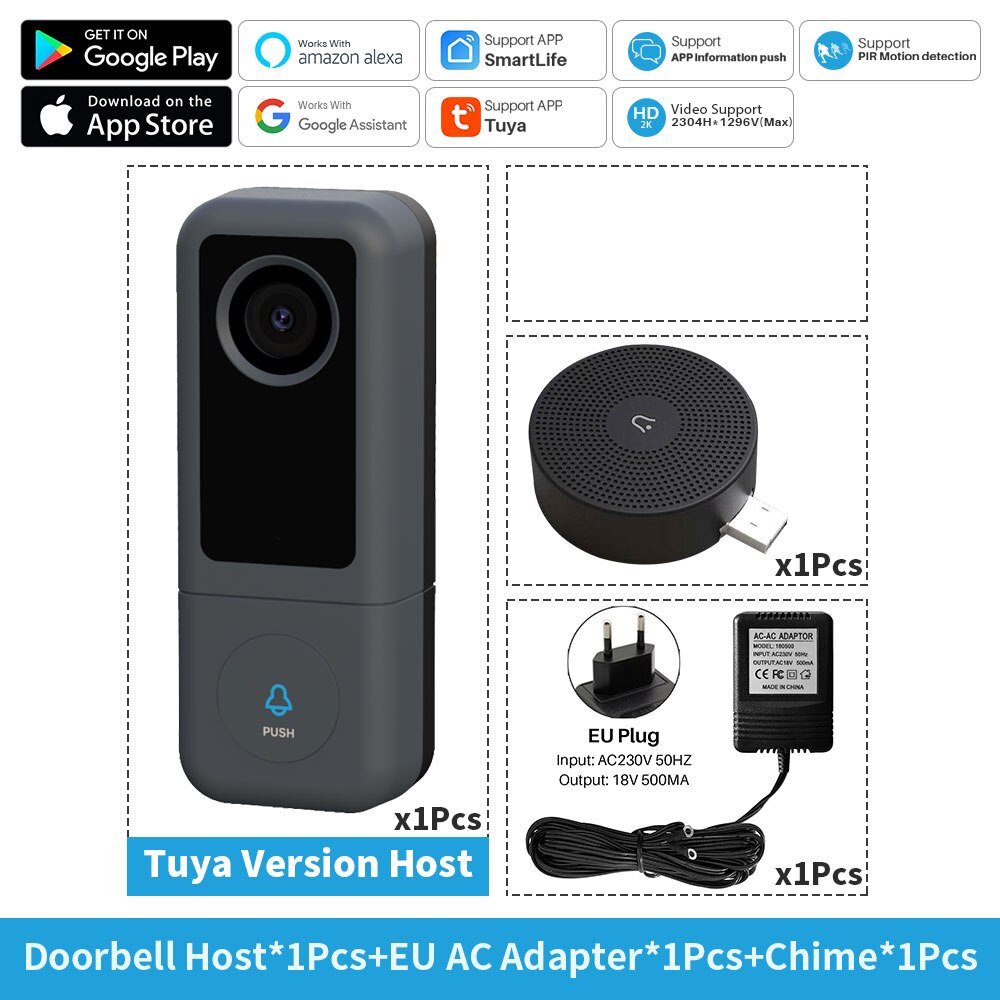 Tuya Video Doorbell WiFi 2K Door Bell IP Camera Smart Home Security Two-way Video Intercom Doorbell Support Alexa Google Home