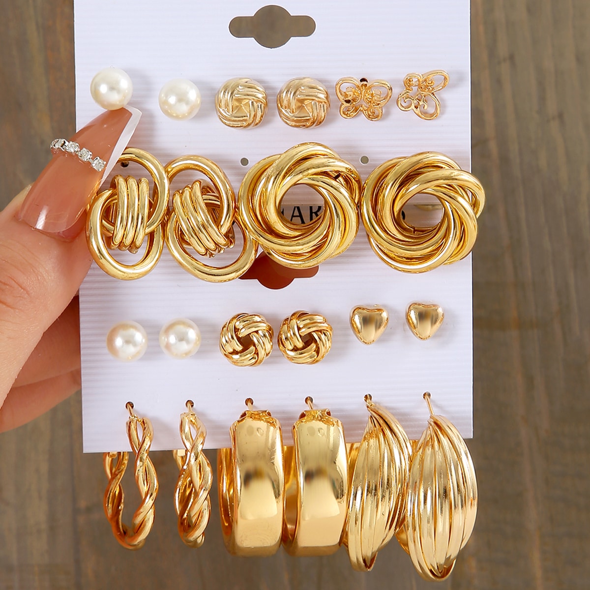 New European And American Holiday Party Color Geometric Peach Nail Twist Earrings 11 Sets Of Gold