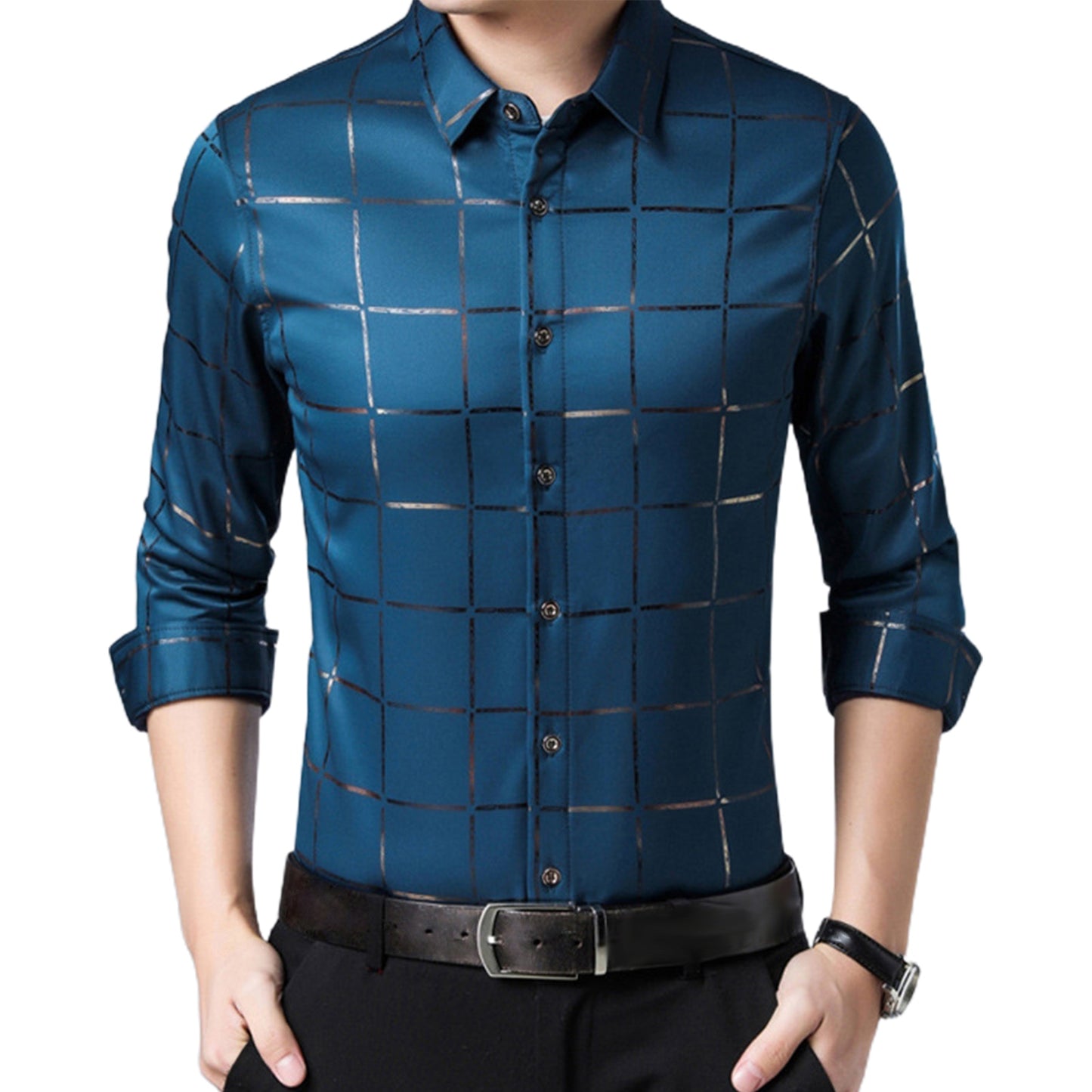 Slim Men Shirt Plaid Turn-down Collar Single-breasted Formal Dress Shirt Spring Slim Male Polo Shirt Business Camisa T-shirt