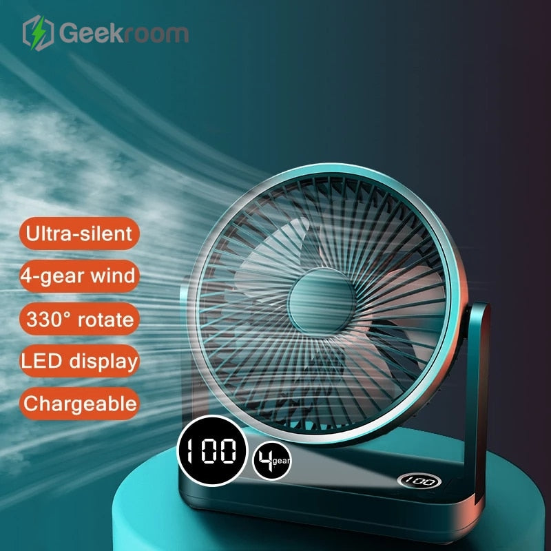Geekroom USB Rechargeable 5000mAh Battery Wireless Portable Air Cooling Fan Shaking Head 4 Gears Wind Adjustable Home Desk Fan