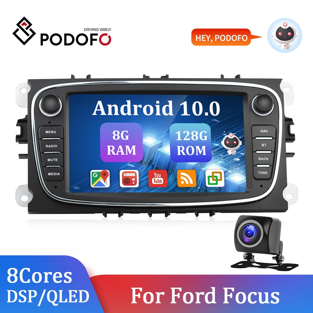Podofo Car Radio Android 10 8+128GB GPS WIFI 4G For Ford Focus S-Max Mondeo Galaxy C-Max 7 Inch Car Multimedia player Autoradio