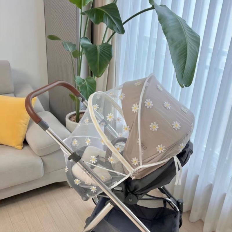 Baby Stroller Mosquito Net Full Cover Summer Breathable Mosquito Cover Daisy Embroidery Gauze Sunshade Stroller Accessories