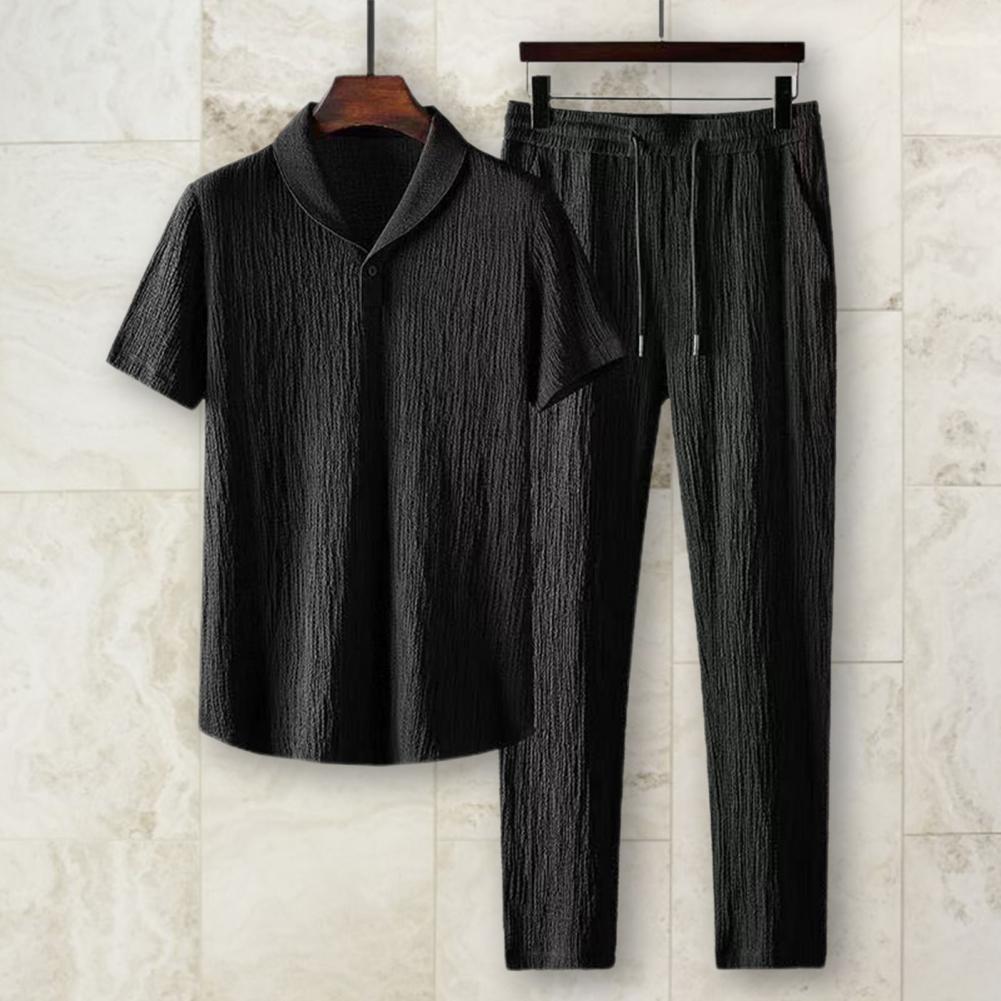 2Pcs/Set Turn-down Collar Elastic Waistband Pleated Casual Outfit Short Sleeve Shirt Drawstring Long Pants Set Male Clothing