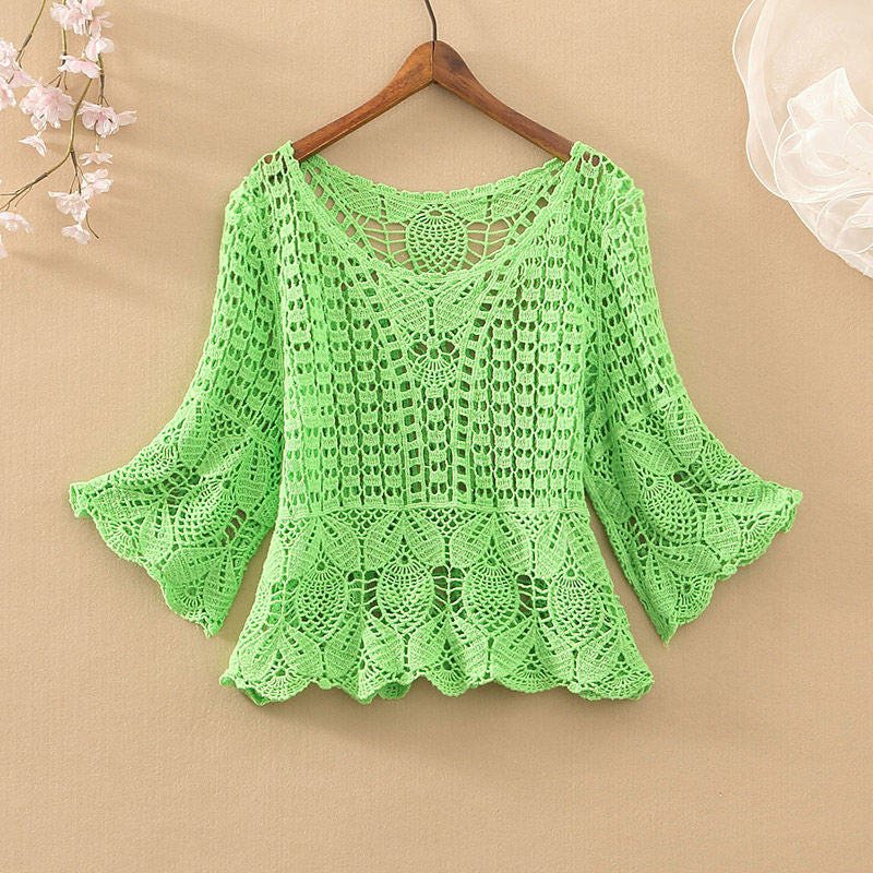 Lady Spring Summer 2021 Fashion New Loose Five-point Sleeve Short Round Neck Solid Color Plaid Casual Female Hollow Out Lace Top
